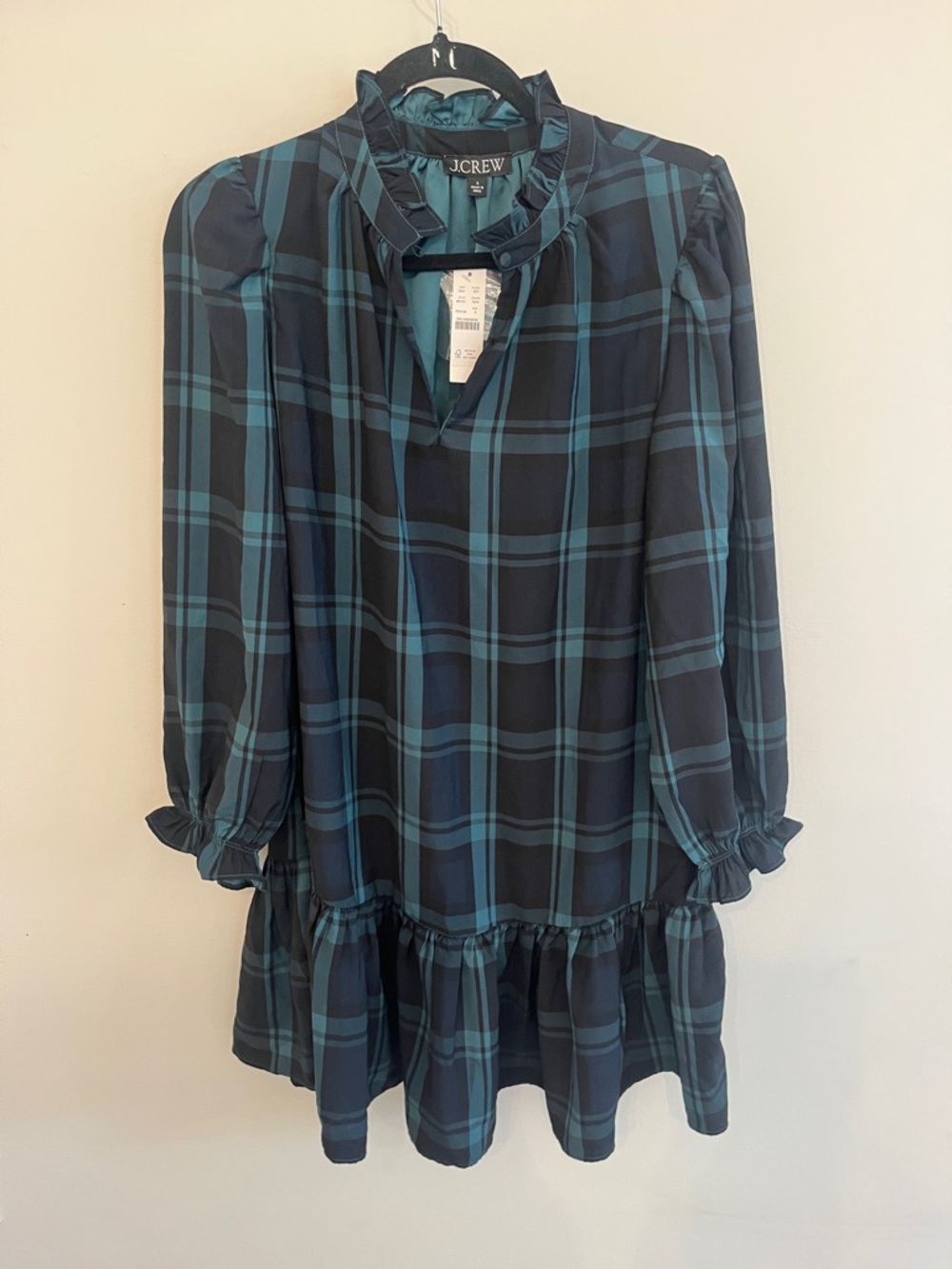 J. Crew Navy and Teal Plaid Ruffle-Hem Long Sleeve Dress